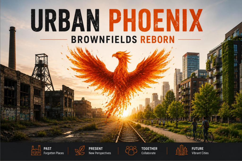 Graphic image of a phoenix arising above a city scape with on the left industrial old abandoned buildings and on the right buildings with greenery and two cyclists.