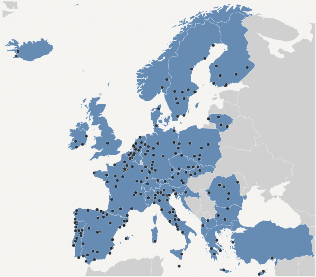 Visual map of Europe with dots for locations of signatory institutions.