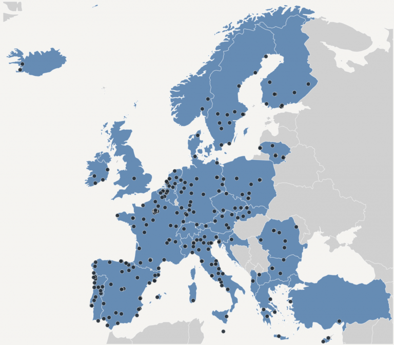 Visual map of Europe with dots for locations of signatory institutions.